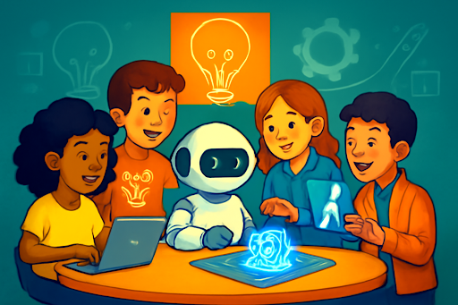 Four smiling students and a robot working together on a creative project. One student uses a laptop, another holds a tablet displaying a human figure, and a holographic 3D model is projected from the table. A glowing lightbulb icon and gear symbols in the background represent innovation and teamwork.